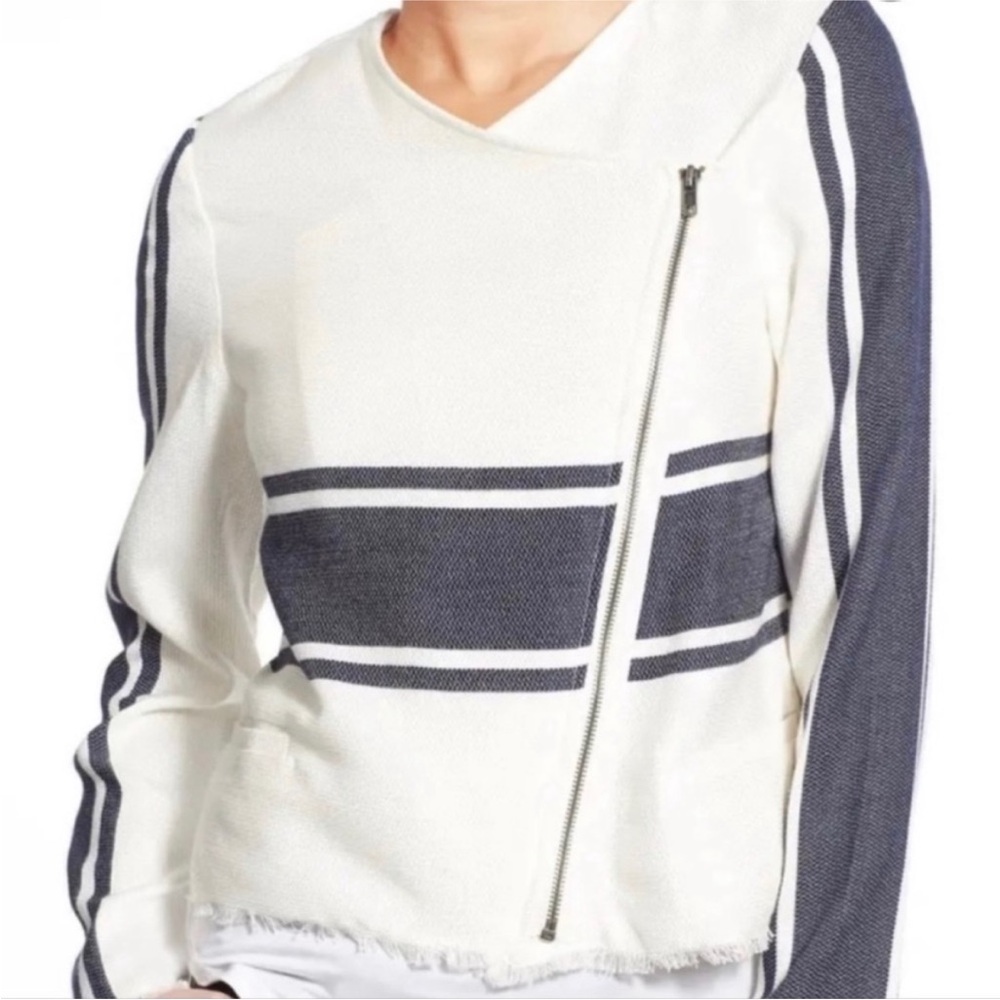 White and Navy Striped Asymmetrical Zip Jacket
